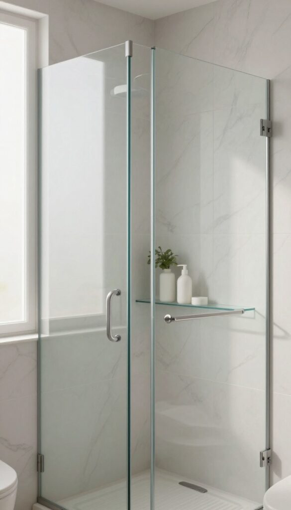 Clear glass shelves in a shower with marble tiles, holding toiletries and a plant, with natural light.