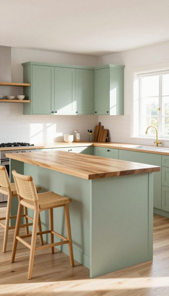 Painted kitchen island with sage green base and natural wood top, woven bar stools, bright natural light