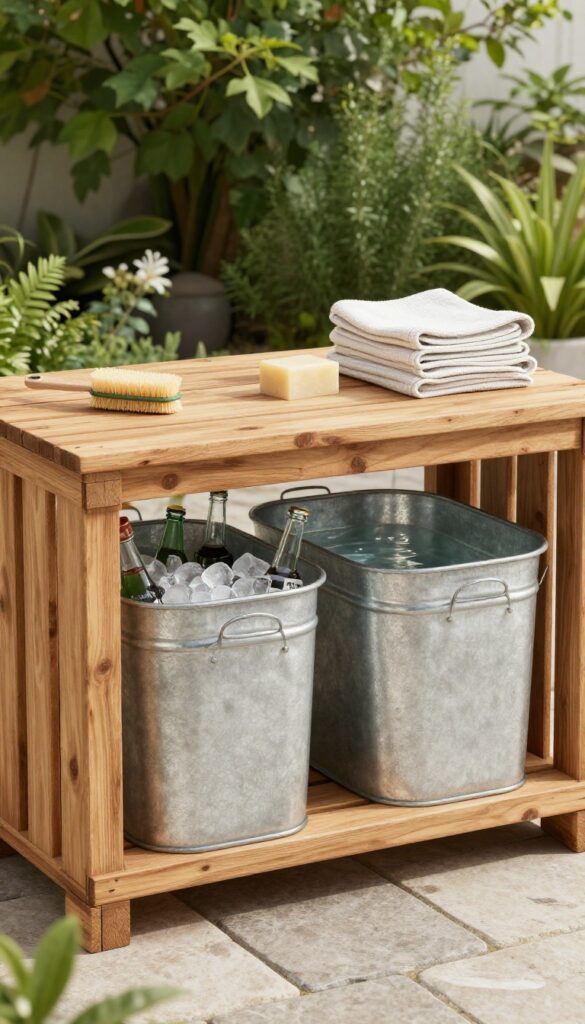 Galvanized tubs used as ice bucket and sink alternative in an outdoor kitchen