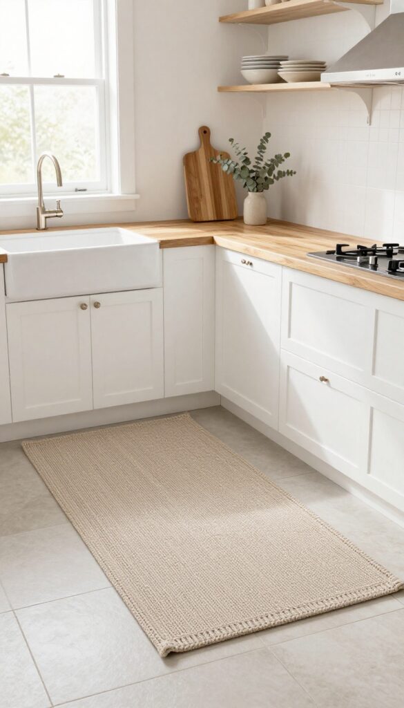 Cozy fall kitchen with chunky knit runner in front of sink