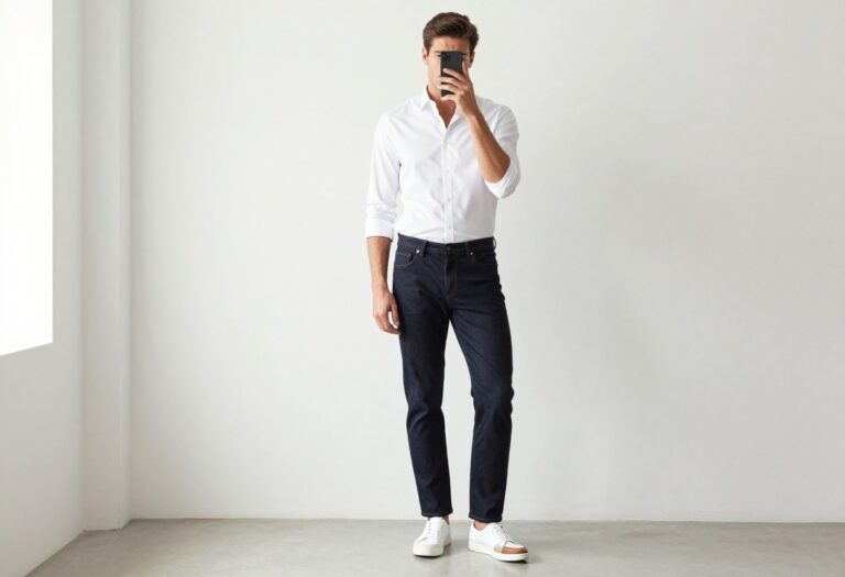 Man in white shirt and dark jeans taking a mirror selfie, smart casual outfit with rolled sleeves and leather shoes.