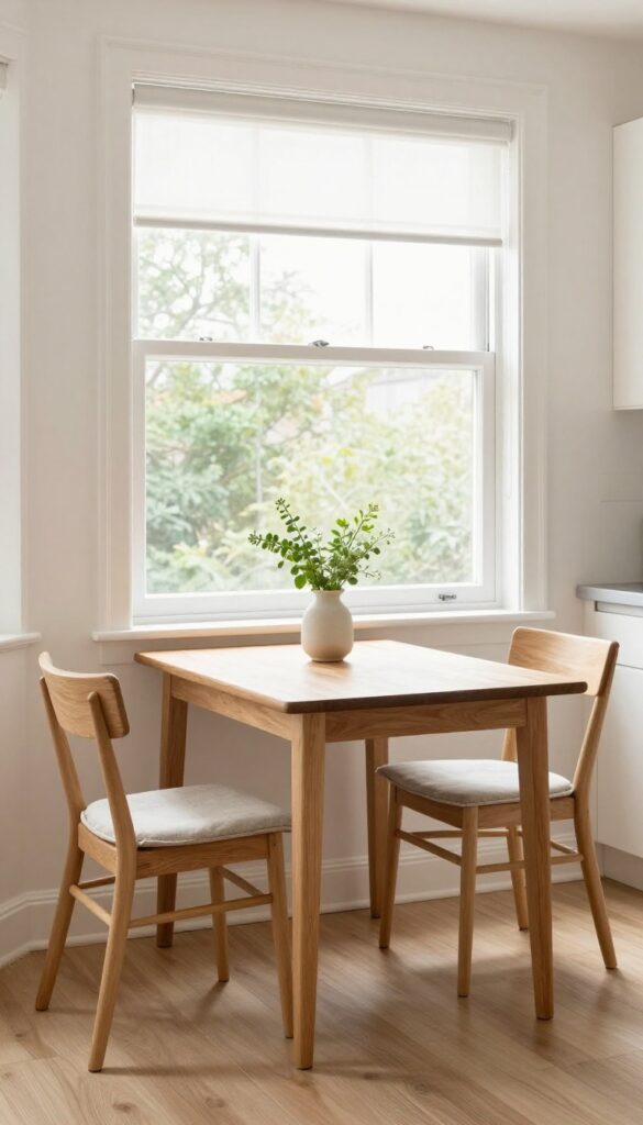 Small square table in a sunny window nook with two chairs and fresh herbs