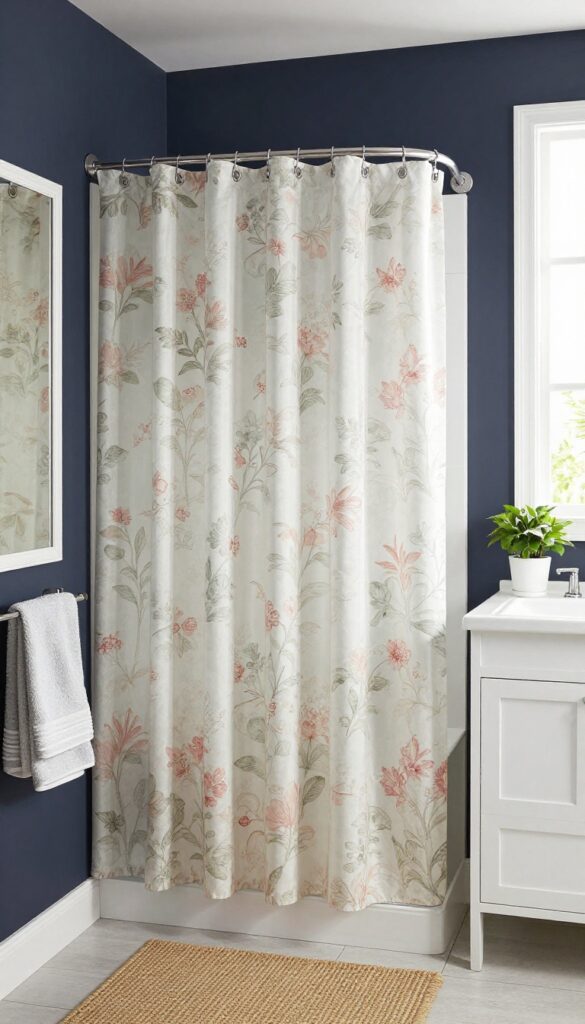 Cozy bathroom with dark navy faux vintage floral shower curtain, white fixtures, natural light, and warm accents