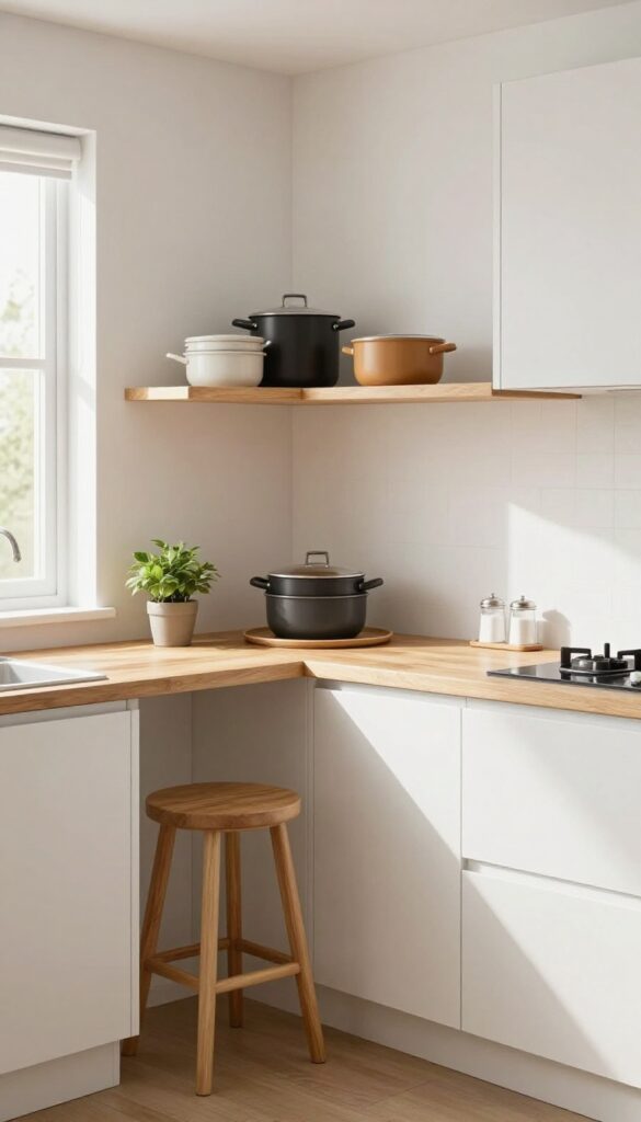 Modern kitchen corner with lazy Susan and breakfast bar