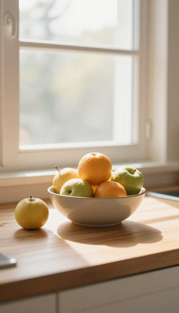 Golden hour sunlight streaming through a kitchen window onto a bowl of fruit on a wooden countertop
