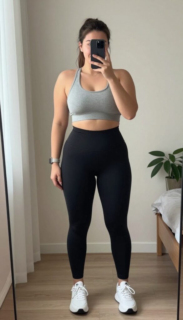 Plus-size woman taking a mirror selfie wearing high-waisted black leggings and a loose cropped grey tank top, with white sneakers and a smartwatch, in a bright room with natural light.