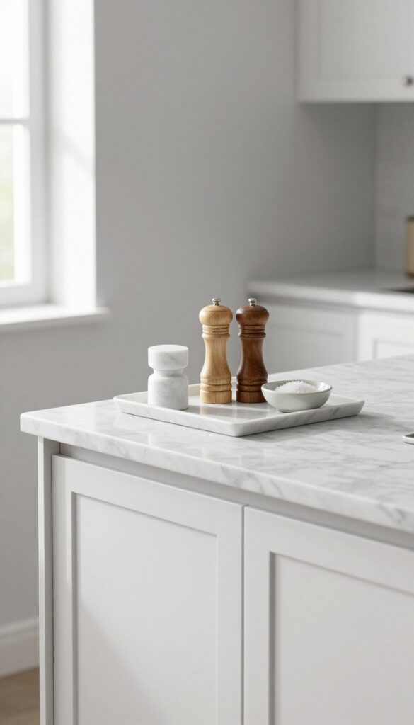 A pair of sleek salt and pepper mills on a tray on a kitchen island
