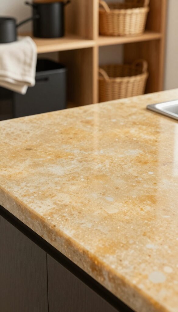 Recycled glass composite countertop in warm amber tones with speckled texture, paired with matte black fixtures and warm wood shelving in a small kitchen.