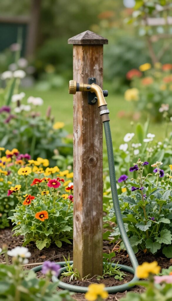 Outdoor shower setup with garden hose and decorative nozzle on wooden post in garden