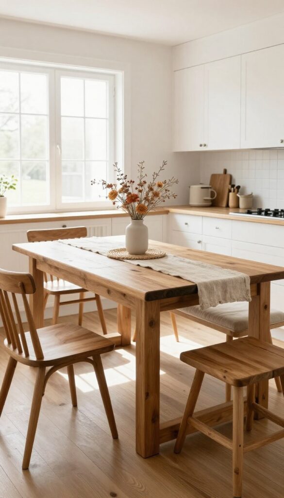 Farmhouse table with mixed seating in a cozy kitchen nook