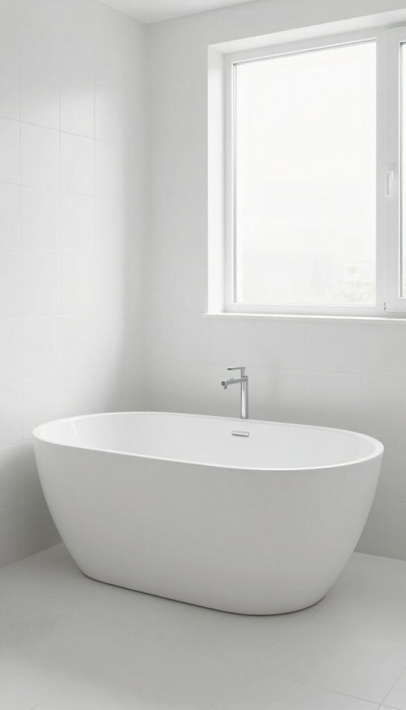 A bright all-white bathroom with a sculptural freestanding bathtub as the focal point.