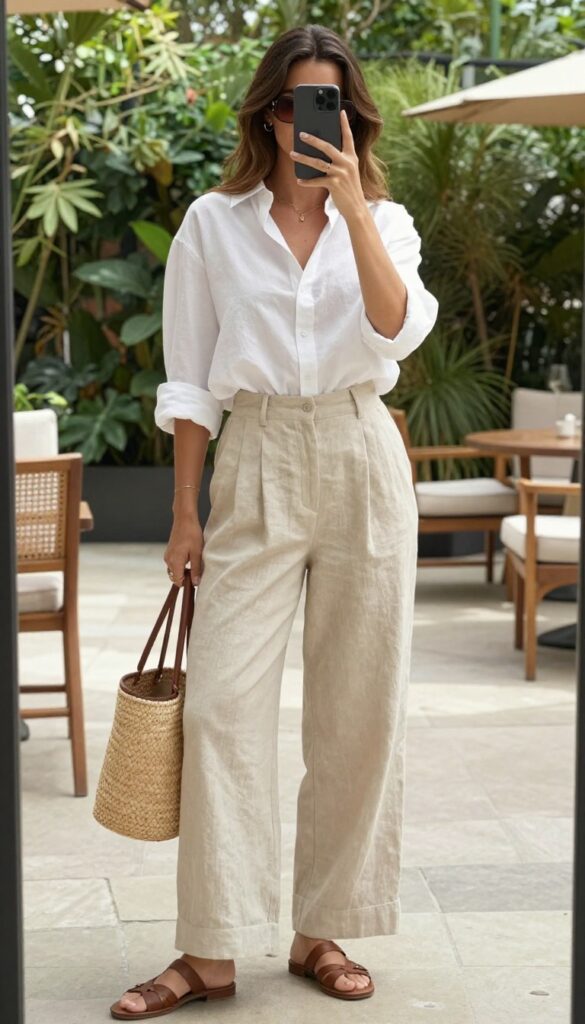 A woman in beige linen pants and a white button-down shirt, half-tucked, with sandals and a straw tote, standing in a sunlit outdoor café setting, looking effortlessly chic.