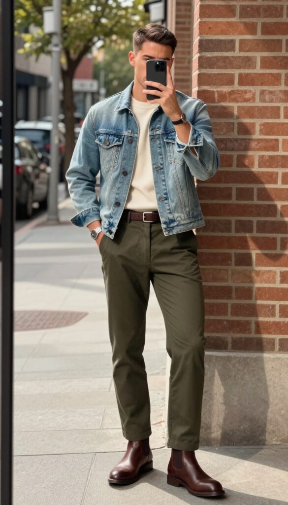 Man in light wash denim jacket over cream sweater with olive chinos and brown boots, standing against a brick wall in natural light.