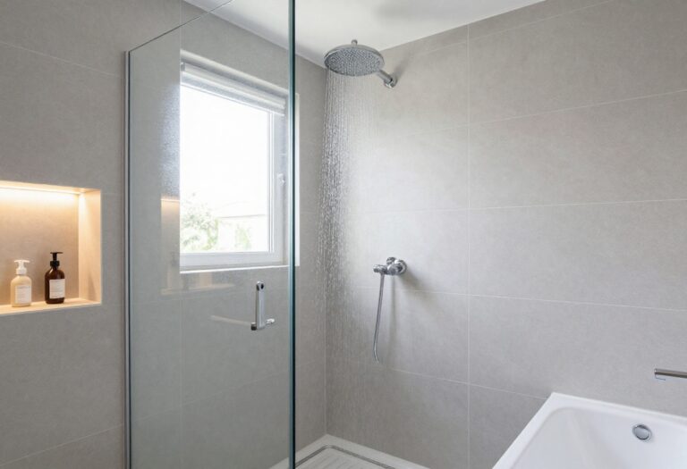 Modern small bathroom with glass shower enclosure over bathtub, light gray tiles, rainfall showerhead, and built-in storage niche.