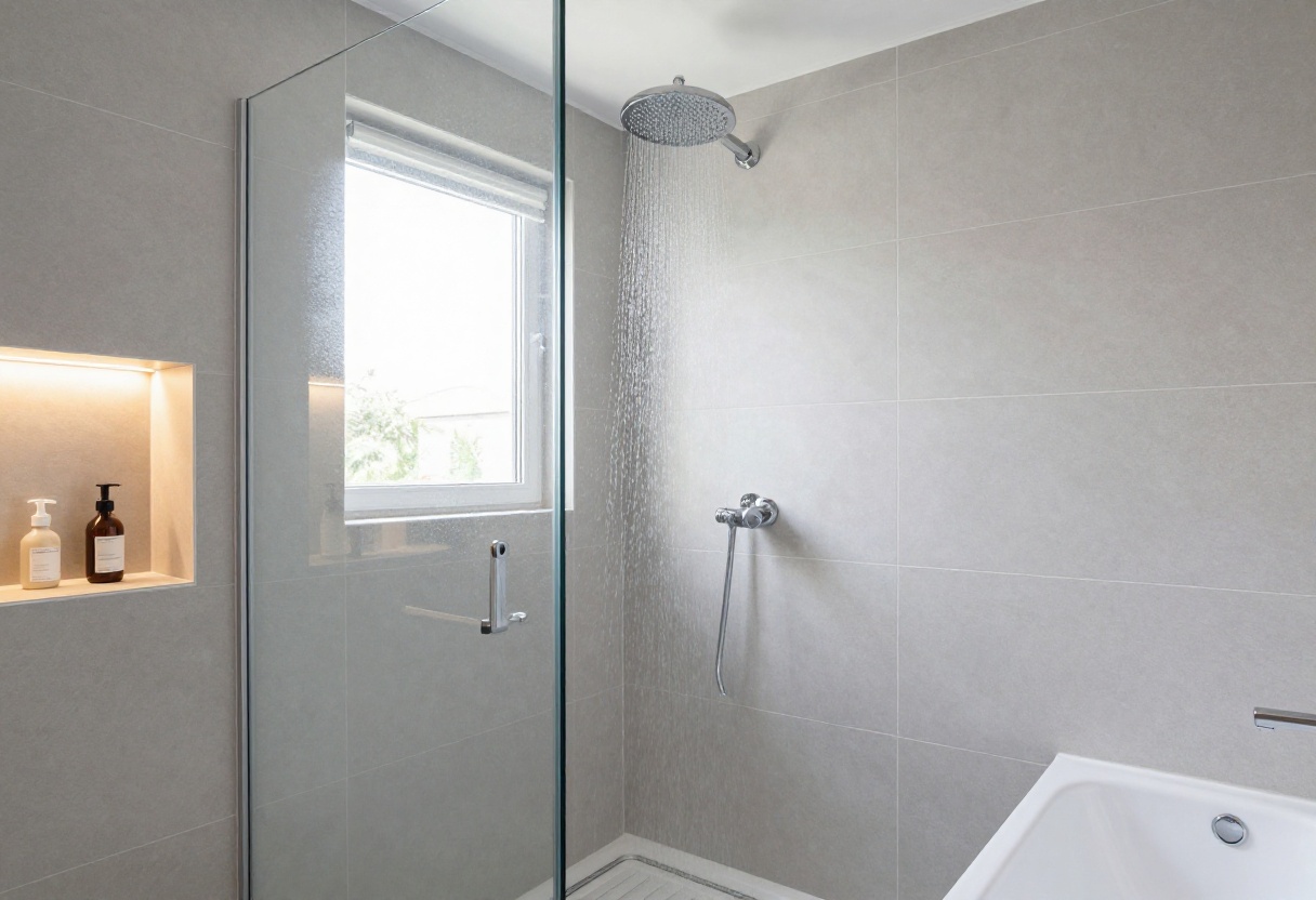 Modern small bathroom with glass shower enclosure over bathtub, light gray tiles, rainfall showerhead, and built-in storage niche.