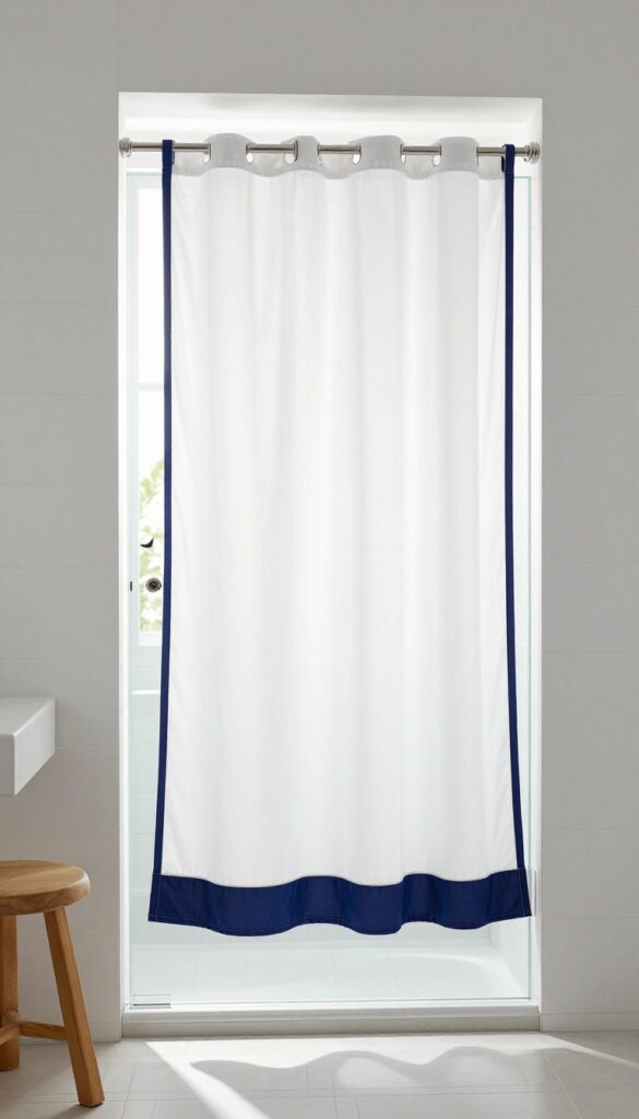 White shower curtain with navy blue bottom border over glass door in bright bathroom