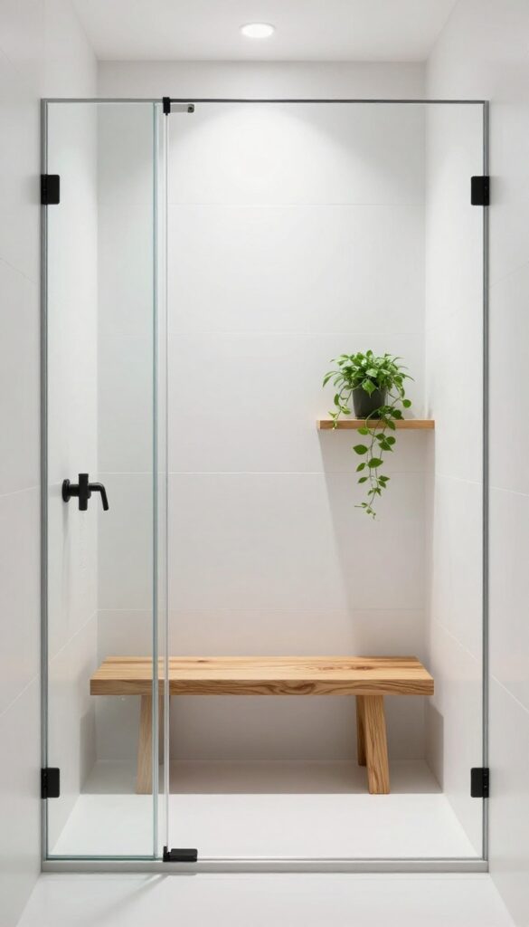 Modern wet shower room with teak bench and wooden shelf under natural light, showcasing wood accents for warmth in a streamlined design.