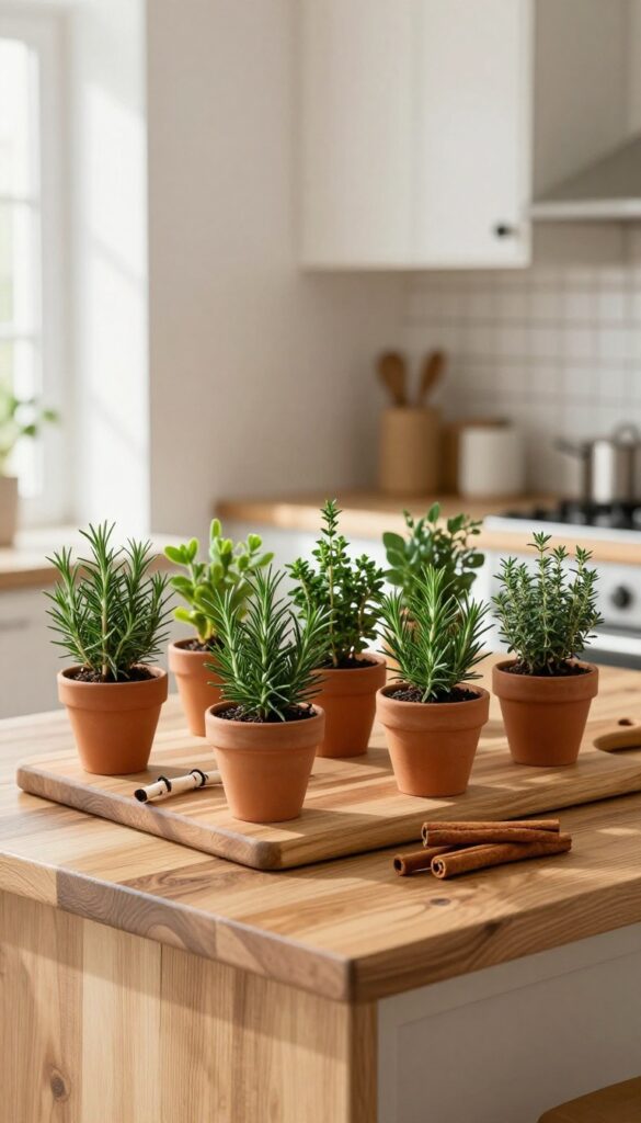 A kitchen island with a mini forest centerpiece made of potted herbs, twigs, and cinnamon sticks on a wooden board.