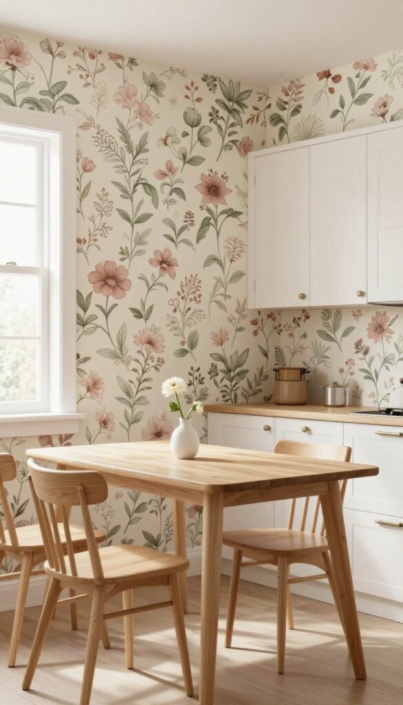 Cozy kitchen breakfast nook with muted floral wallpaper in dusty rose and sage, white cabinetry, and simple wooden table.
