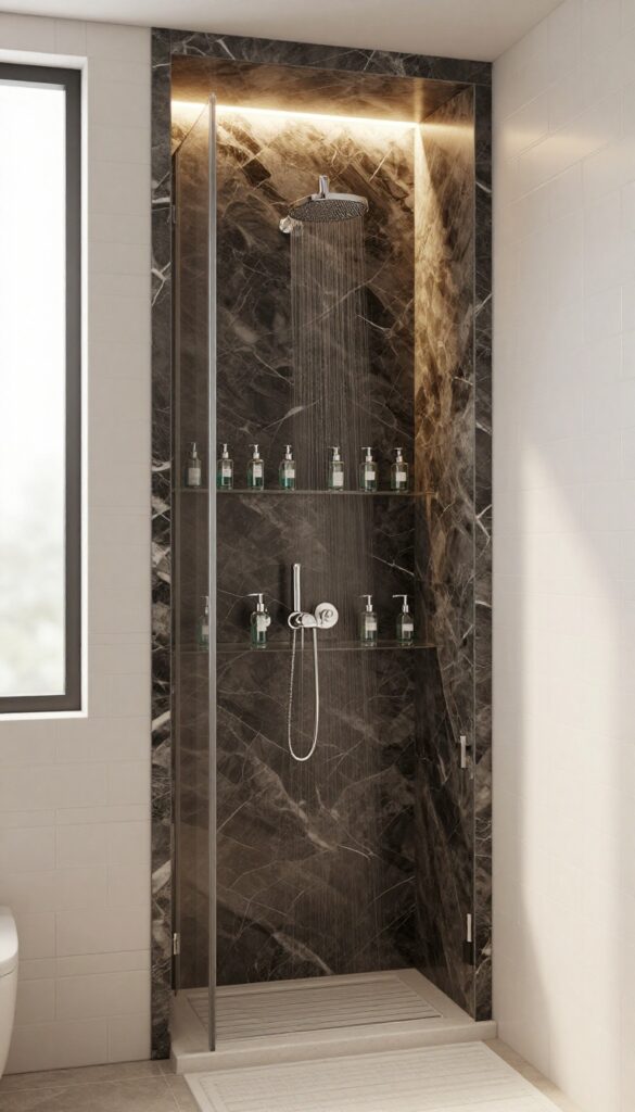 Modern shower with illuminated built-in niche featuring warm lighting and dark marble contrast