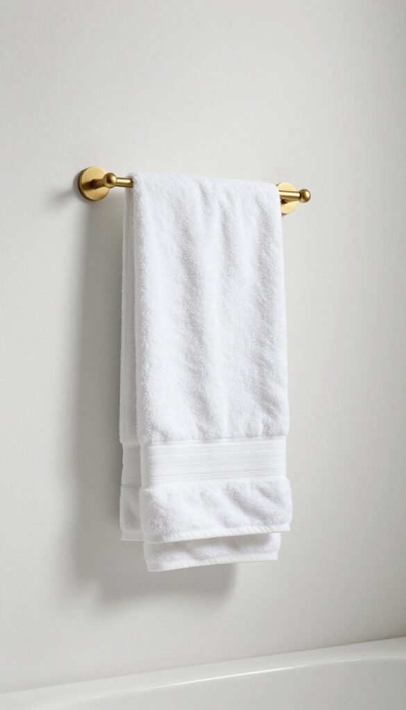 A minimalist bathroom with a single brass hook holding a white towel on a clean wall
