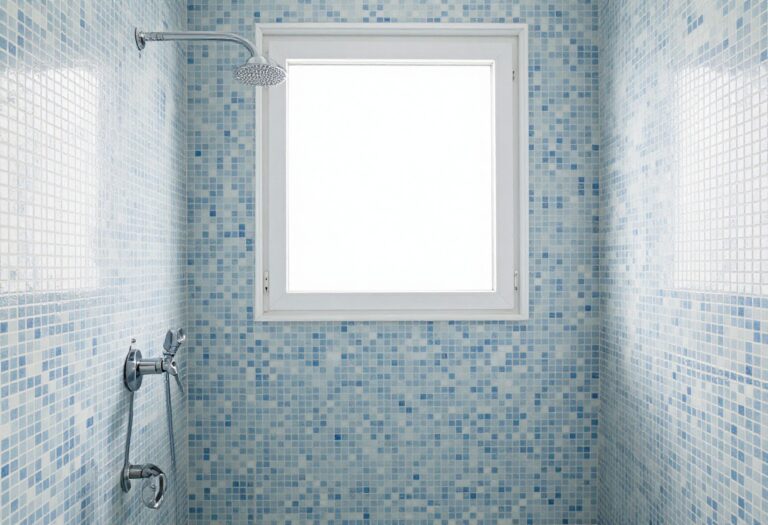 Modern bathroom shower with a blue and white mosaic tile backsplash, natural lighting, and clean design elements.