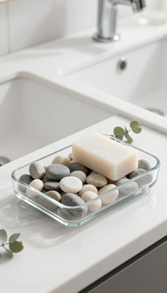 Clear glass soap tray with smooth river pebbles and a white soap bar on a marble countertop near a modern kitchen sink.