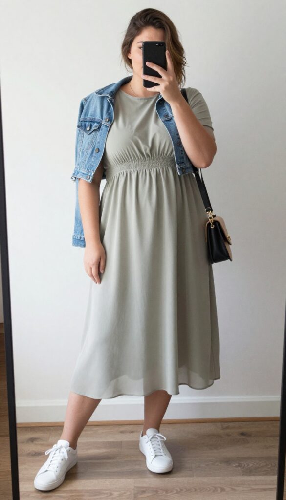 Plus-size woman in a flowy midi dress and white sneakers taking a mirror selfie, showcasing a casual yet feminine outfit with a crossbody bag and denim jacket.