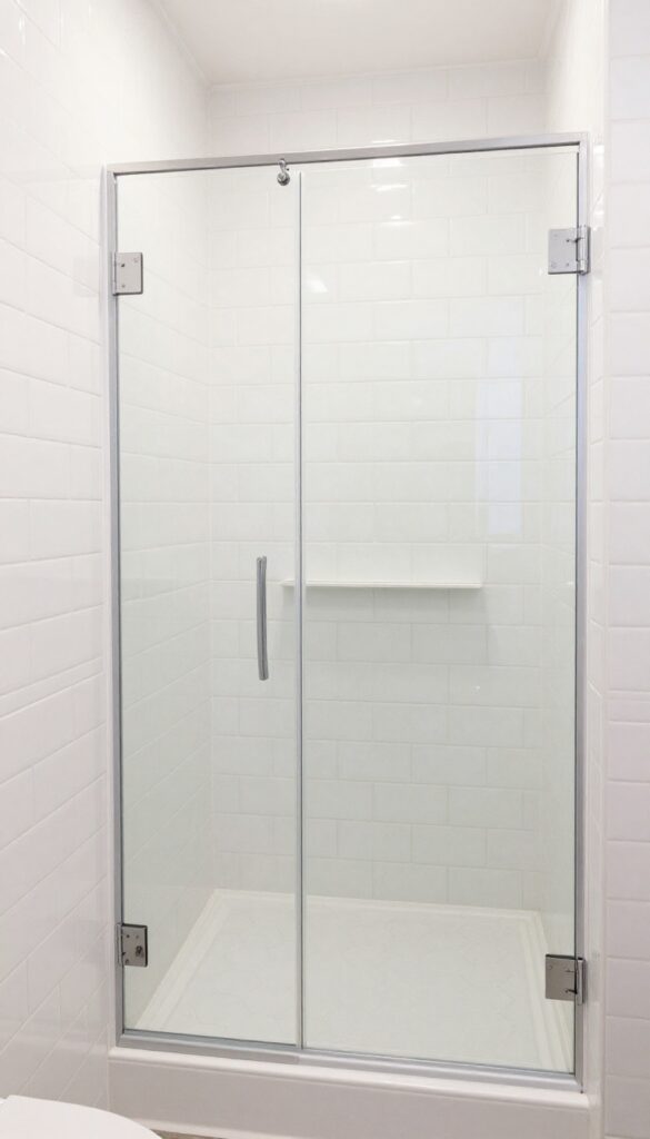 Small bathroom shower with floor-to-ceiling vertical accent strip of glossy penny tiles against white subway tiles, clear glass and chrome fixtures.