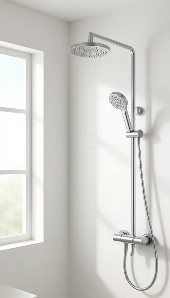 Two handheld showerheads on separate slide bars in a bright modern bathroom