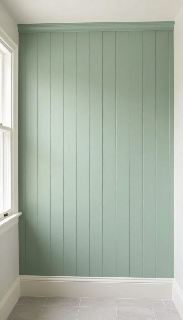 A bathroom half wall with decorative beadboard paneling in sage green, adding texture and style to the space.