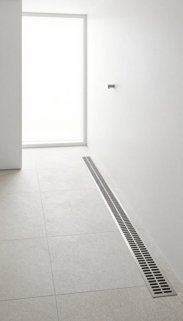 Linear drain in a sleek curbless shower with continuous large-format tiles