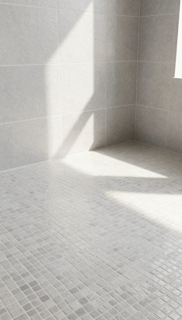 Close-up of 3D mosaic tiles in a shower floor with raised texture in soft gray, highlighting tactile grip and visual interest under natural light.