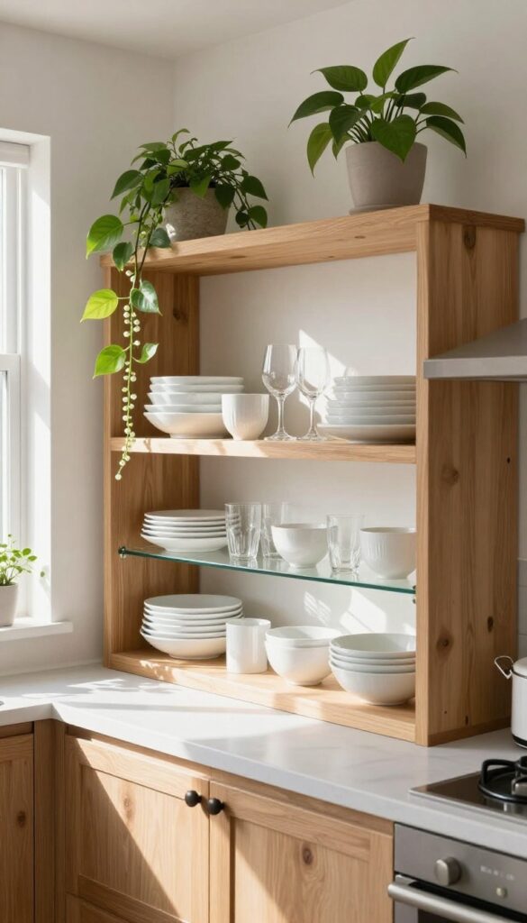 A kitchen hutch with glass shelves displaying dishes and potted plants, bathed in natural light.