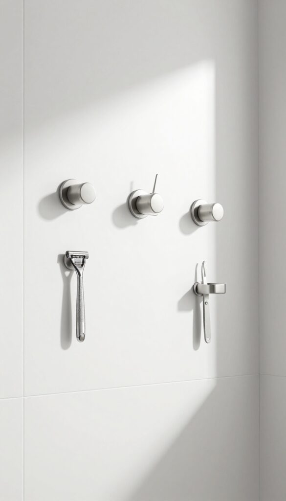Magnetic holders on a metal shower wall holding razor, tweezers, and container