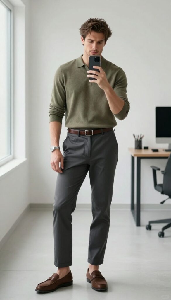 Man in olive green knit polo and slim charcoal trousers with brown loafers, taking a mirror selfie in a bright, modern office.