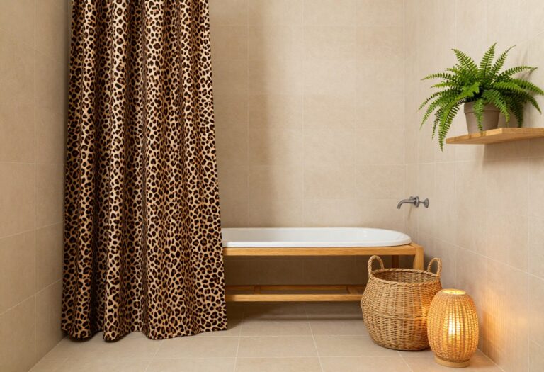 Cozy safari-inspired shower with leopard print curtain, teak bench, woven baskets, and tropical plant
