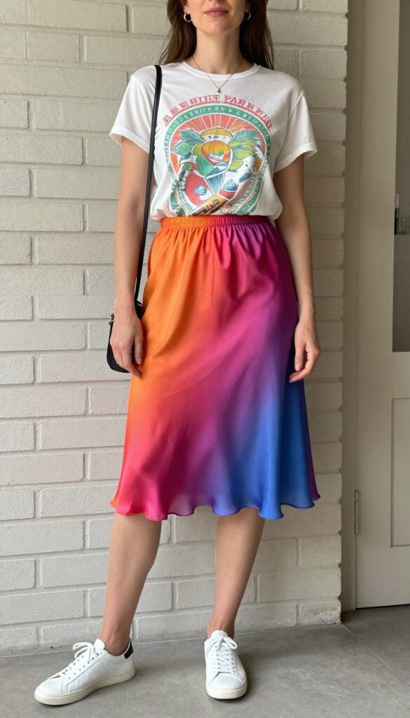 A woman wearing a relaxed graphic tee and flowy midi skirt for a cute comfy summer outfit, styled with white sneakers, minimal gold jewelry, and a small crossbody bag, set in bright natural light.