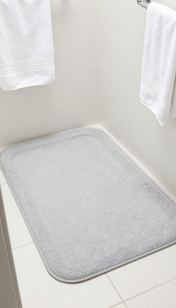 A memory foam shower mat with a waterproof cover in soft gray, placed on a tiled bathroom floor with plush towels nearby, showcasing comfort and modern style.