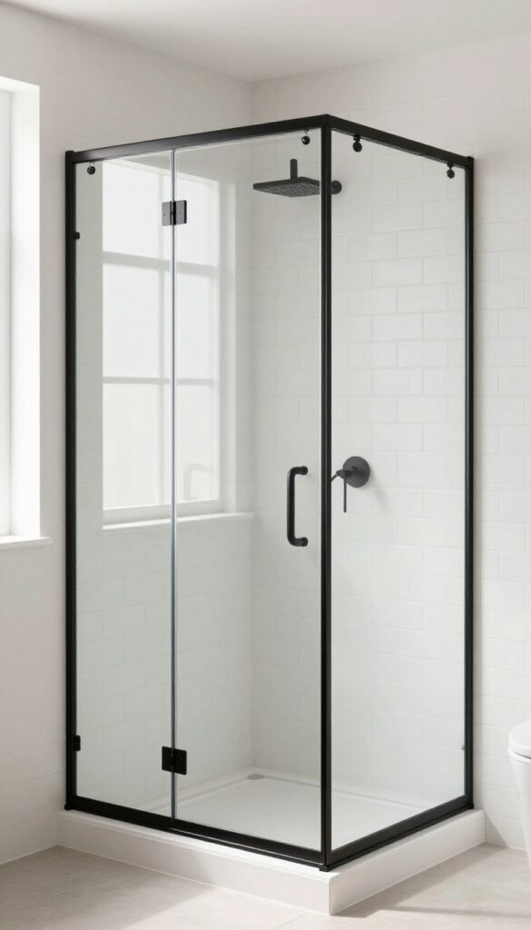 A modern bathroom with a black-framed glass shower, white subway tiles, and natural lighting.
