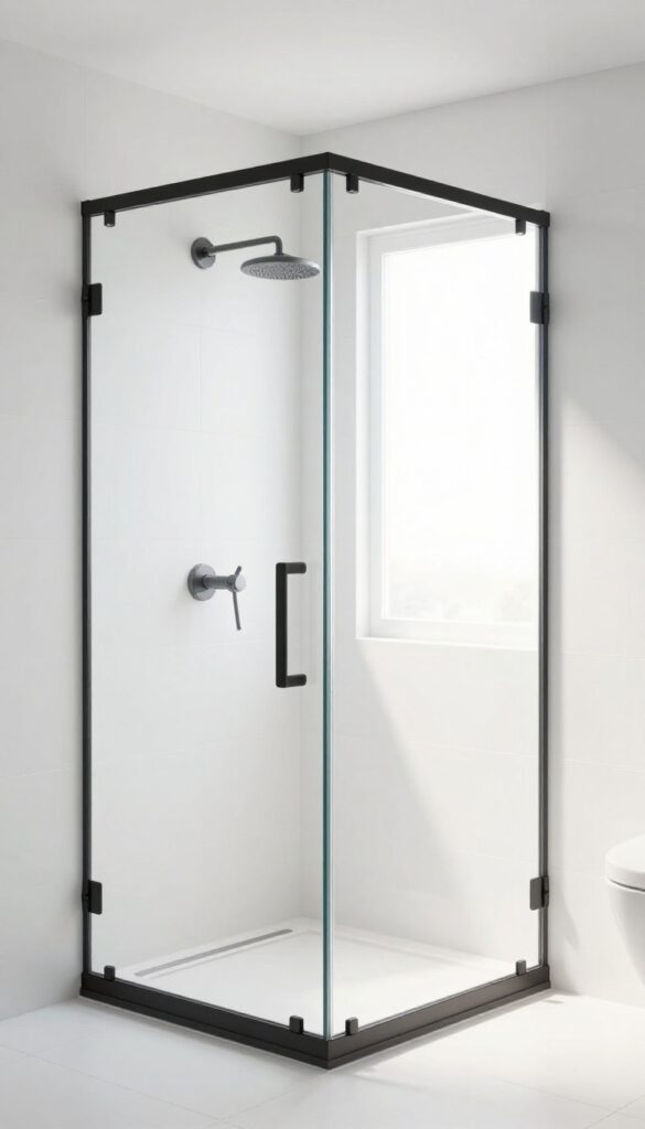 Small bathroom with outward-swinging glass shower door open, showing spacious interior and modern fixtures.