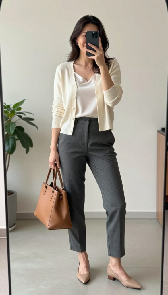 Mid-size woman wearing a cream cropped cardigan with charcoal tailored pants and nude flats in a bright office setting.