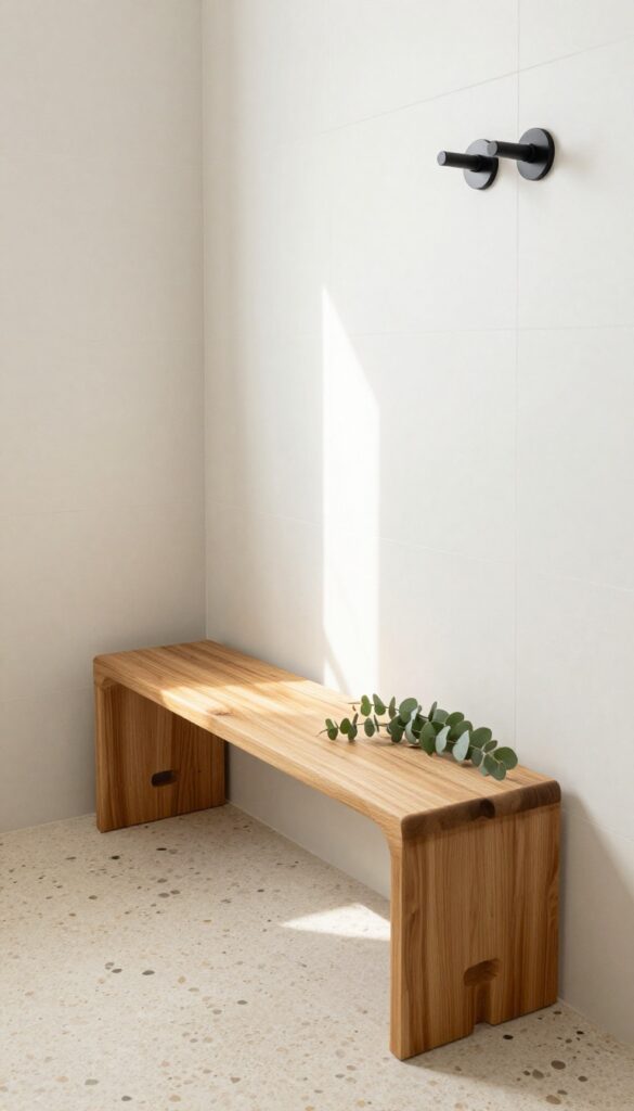 Curved wooden bench with cutout handles in a small shower with pebble floor and matte black fixtures