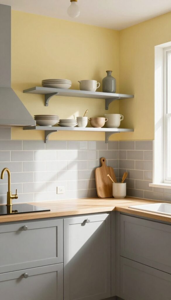 Pale yellow and soft gray kitchen with open shelves and brass fixtures