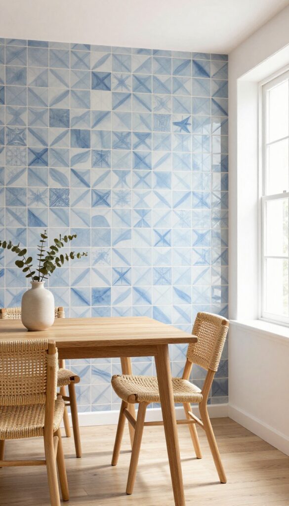 Cozy kitchen nook with patterned tile backsplash, wooden table, and woven chairs