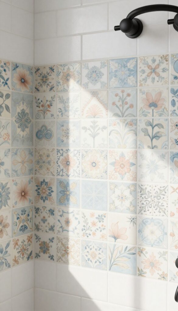 Close-up of vintage-inspired floral pattern tiles in a shower with bright natural light, matte black fixtures, and neutral surroundings.