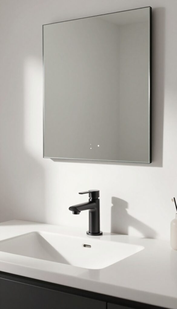 Modern bathroom with upgraded black vanity lighting creating depth and warmth in a clean, expensive-looking space.