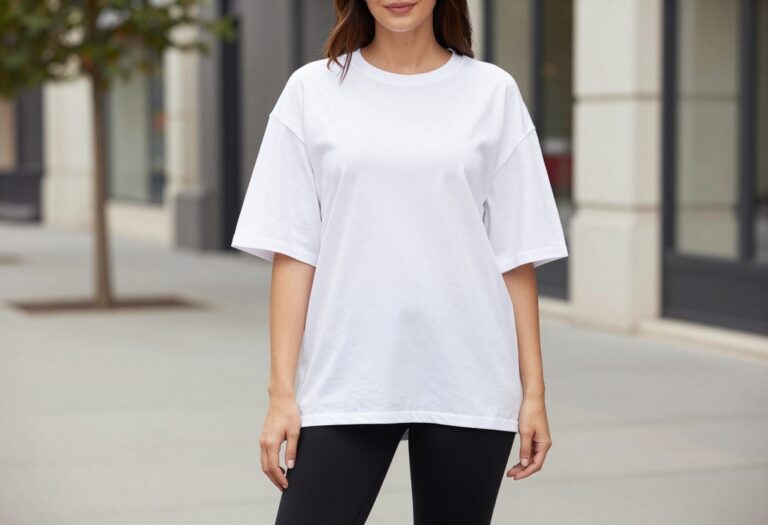A woman wearing black leggings and an oversized white tee in a casual summer outfit, styled for a fashion blog with clean, breathable layers and realistic textures.