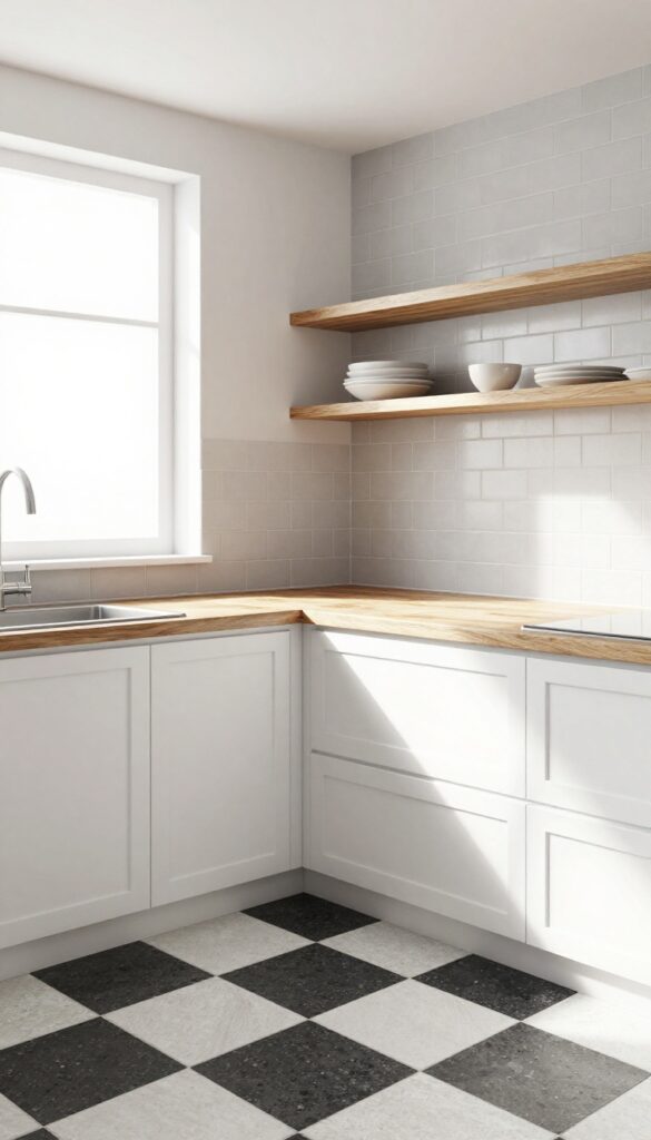 Modern kitchen with black and white checkered terracotta tile floor, white shaker cabinets, pale gray subway tile backsplash, butcher-block countertops, and open wooden shelves.