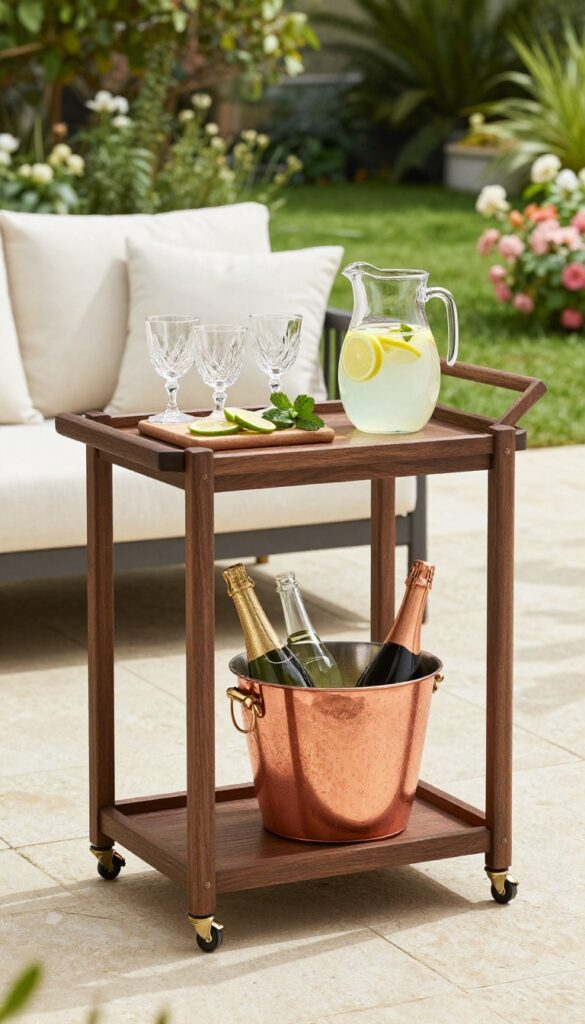 Outdoor rolling bar cart with drinks and glassware on a sunny patio.